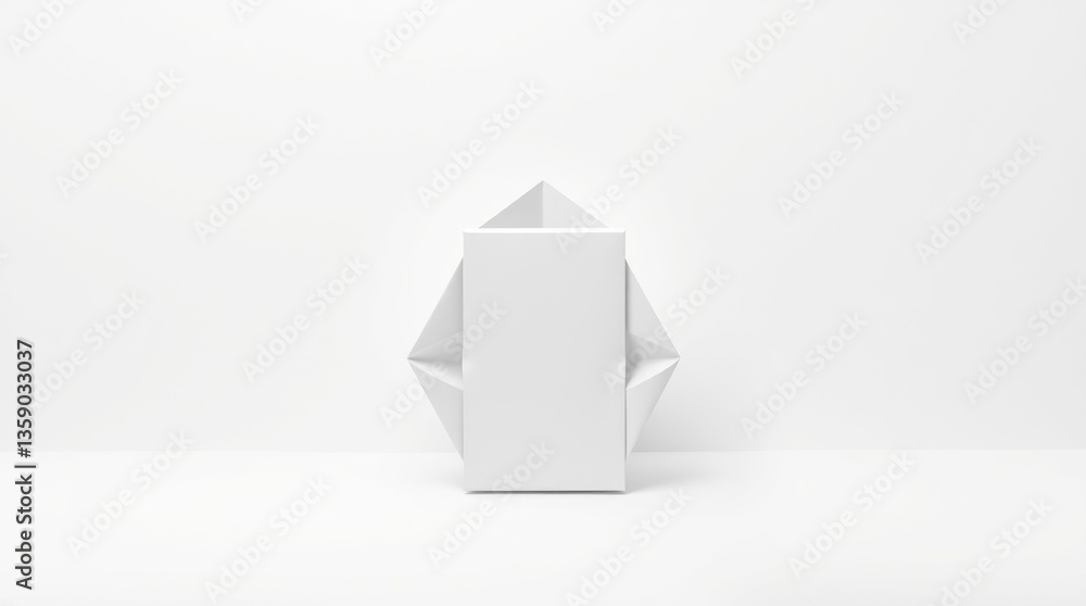 Poster origami style paper folds around a rectangular box object