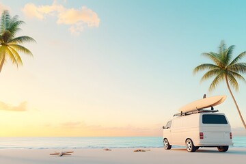 3D van on tropical beach island. Road trip summer concept