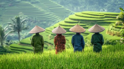 Farmers on terraced rice paddies