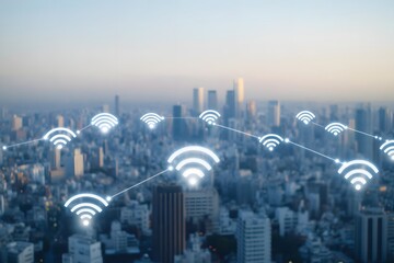 Smart city with Wi-Fi signals connecting buildings in digital network concept