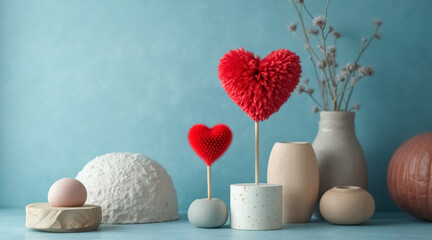 two red fluffy hearts in a romantic still life arrangement