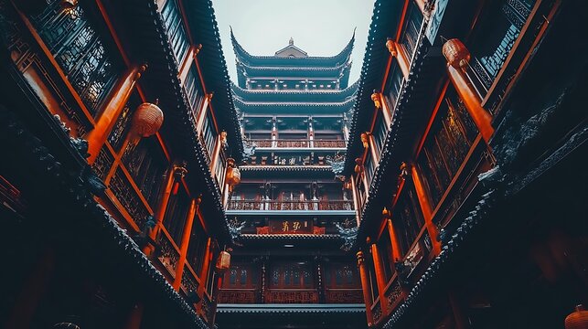 Low-angle view of traditional Chinese architecture.