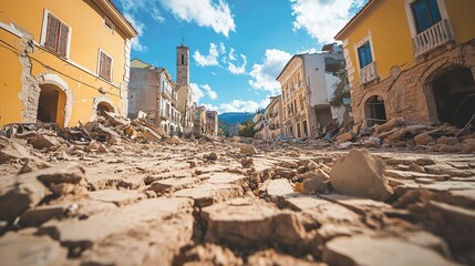 Fototapeta premium Earthquake aftermath shattered cityscape leaning buildings, gaping cracks in the ground and streets filled with debris. 