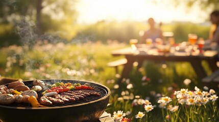 Grill with sausages and vegetables outdoors, surrounded by blooming wildflowers, picnic table with drinks in the background.