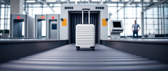 white carry-on suitcase moves along an airport conveyor belt