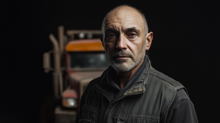 Obraz premium Close-up of a mature man in a vest standing confidently in front of a blurred semi truck, emphasizing hardworking nature.