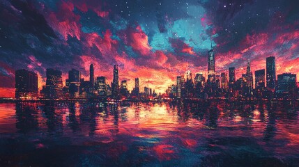 Fototapeta premium Explosions of color in the night sky over a luminous cityscape reflections ripple across the nearby river enhancing the vibrant display. 