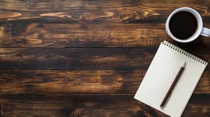 wooden desk with coffee notebook and pen
