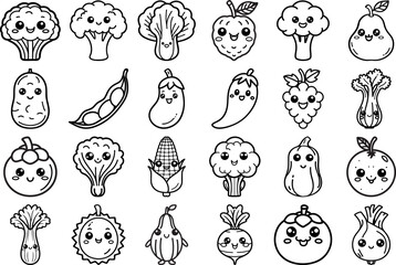 Set of Cute Cartoon Fruits and Vegetables  Element Doodle Line. Freehand drawing fruits and vegetables , icon, sticker, coloring book for kids. Vector illustration