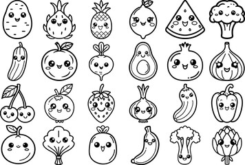 Set of Cute Cartoon Fruits and Vegetables  Element Doodle Line. Freehand drawing fruits and vegetables , icon, sticker, coloring book for kids. Vector illustration