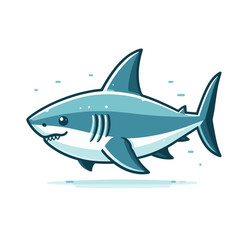 Obraz premium Blue shark cartoon with sharp teeth in swimming pose, simple design. Perfect for ocean conservation awareness and marine biology education.