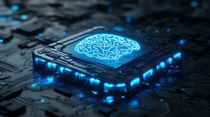 Artificial intelligence chip with glowing brain graphic
