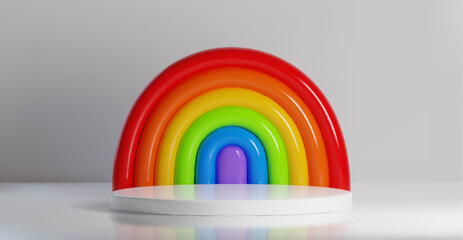 3D rainbow arch behind white round podium with colorful light reflections on glossy surface. Vibrant multicolored semicircles with cylinder stage in light studio interior for product display.