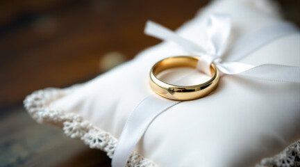 polished gold wedding ring on a white satin pillow