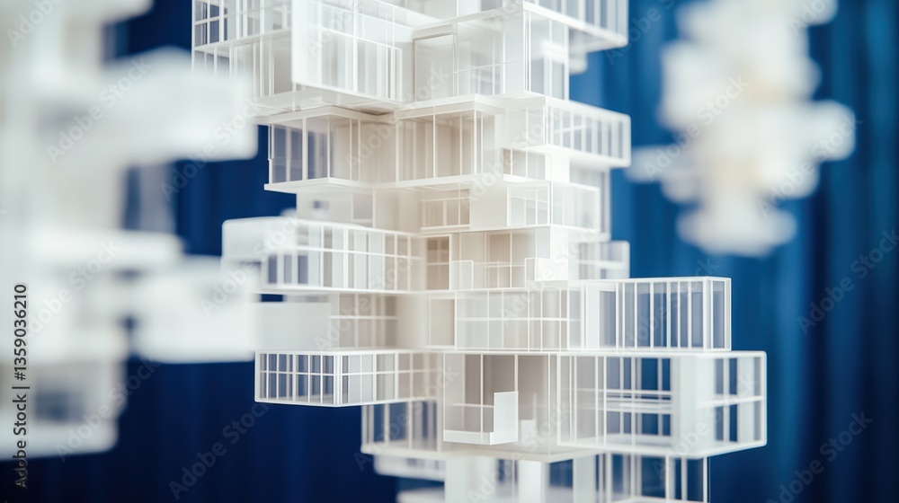 Poster abstract model of futuristic architecture; white building model in exhibit