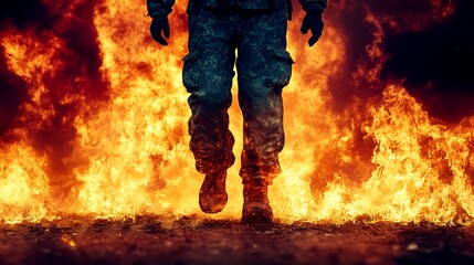 Soldier walking through fire.