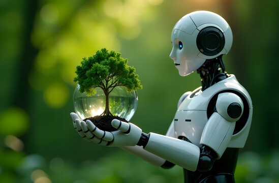 A crystal glass globe and a tree in the hands of a robot, saving the environment, preserving a clean planet, an ecological concept. the concept of environmental science for the development of sustaina - Powered by Adobe