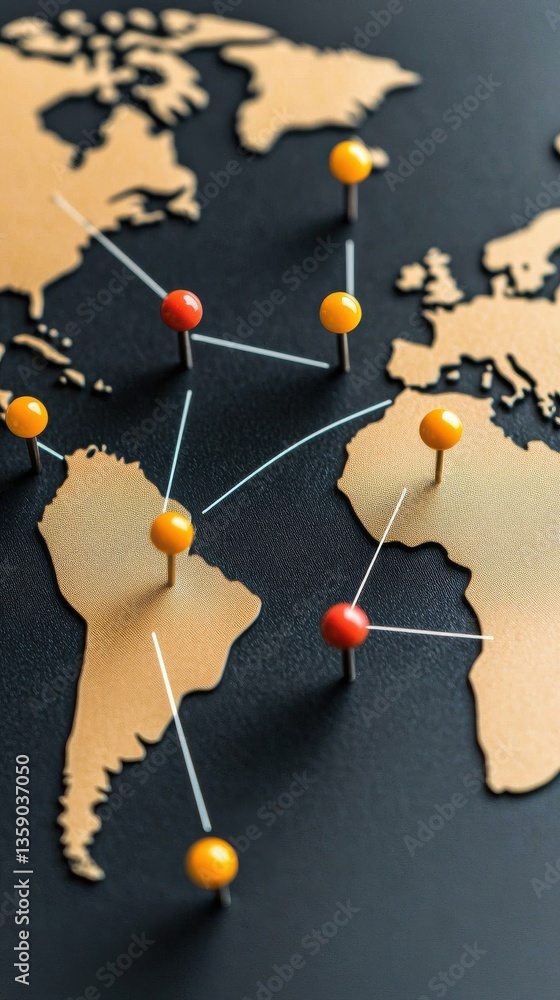 Poster global connection concept with map and push pins for travel or business