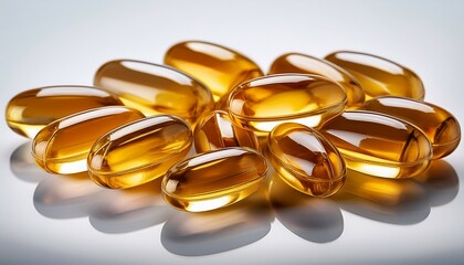 omega three fish oil capsules on the white surface closeup