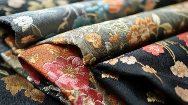Stack of patterned fabric rolls, showcasing floral designs in various colors and tones.  Detailed embroidery adds depth and texture to the textiles