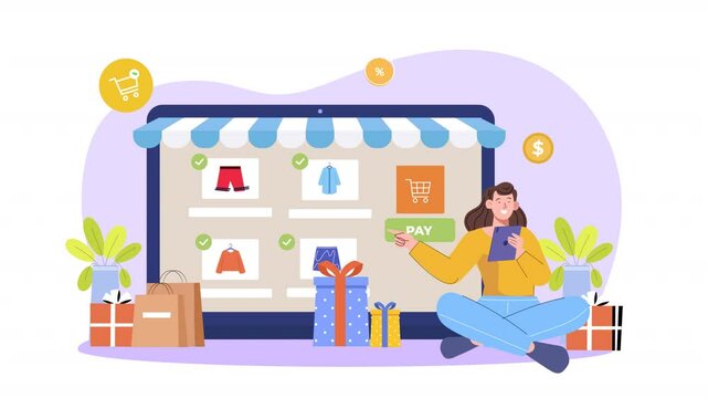 Online Festive Season Shopping 2D Girl Avtar Animation Scene looped