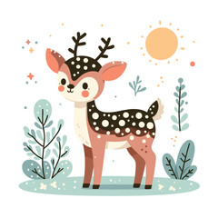 Naklejka premium Spotted fawn with antlers in forest setting with sun and foliage. Perfect for children's books, nursery decor, or seasonal holiday greeting cards.