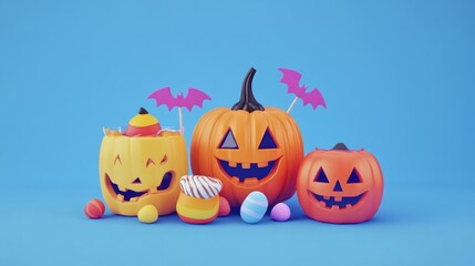 Fototapeta premium Halloween Pumpkins with Treats on Blue Background