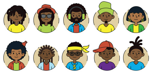 Avatars of black people in African-American fashion style