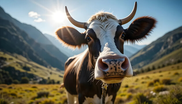 Brown And White Cow In Sunny Mountain Pasture