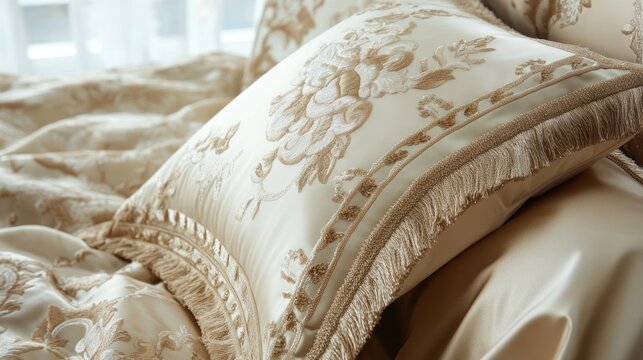 Luxurious beige bedding set with intricate floral pattern and fringe trim. Soft, elegant, and luxurious bedding. High-quality fabric, showcasing detailed craftsmanship