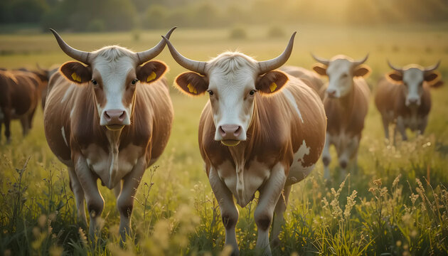 Brown and White Cows in a Sunlit Pasture at Sunset