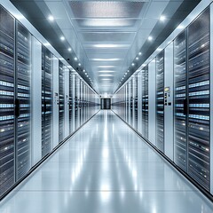 Fototapeta premium A long hallway with multiple rows of server racks in place