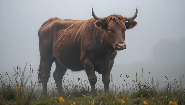 Brown Bull in Foggy Field with Wildflowers
