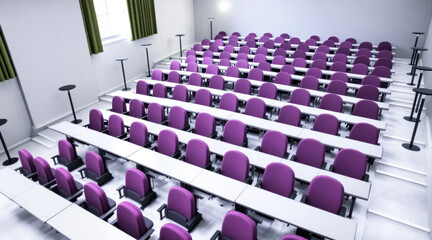 Obraz premium rows of purple chairs and white tables in a modern lecture hall