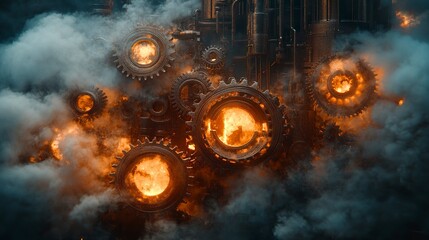 Naklejka premium Industrial scene of a steam-powered foundry casting molds glowing with liquid metal gears churning amidst clouds of steam and smoke. 