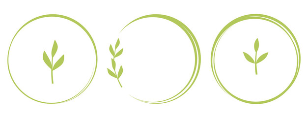 Set of green leaves and circle signs isolated on white background vector. Flat design.