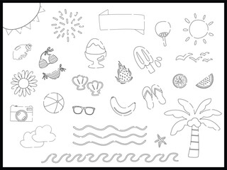 hand drawn illustration of a set monochrome line of Summer holiday sticker pack design elements. Cute elements doodle collection in flat style. For poster, card, scrapbooking, invitation, graphic