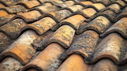 Close-up of weathered terracotta roof tiles showing age and texture.