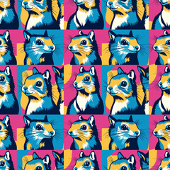 Seamless squirrel pattern with stylized cartoon animal faces in colorful pop-art blocks, playful forest design for kids and textile prints