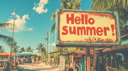 Big billboard Hello Summer near the beach. Photo in retro style, vintage old style. Beach, holiday, vacation, relaxation , concept.