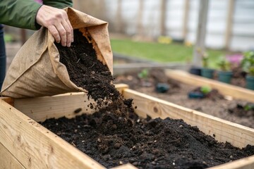 person pour soil bag in garden raised bed. Prepare to grow