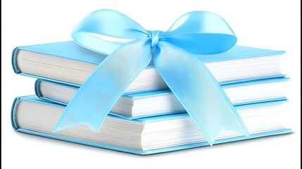 Three light blue books tied with a light blue ribbon.