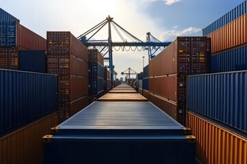 Fototapeta premium Vibrant shipping port bustling with colorful cargo containers symbolizing global exports and international trade.