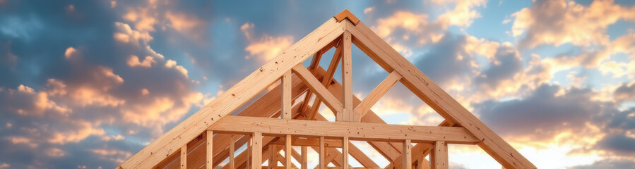 wooden house frame against a vibrant sunset sky