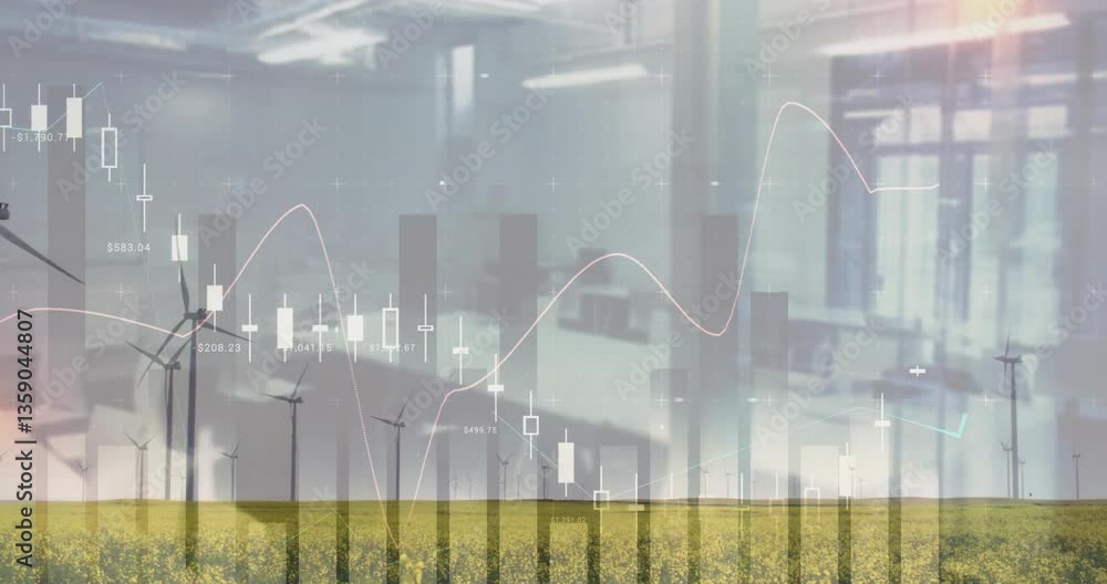 Poster wind turbines in field with financial data processing animation overlaid
