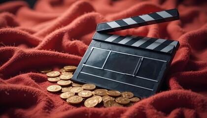 Gold Coins and Clapperboard on Red Fabric