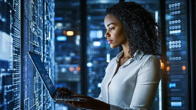 IT Support Engineer Working in a Data Center With a Laptop Generative AI