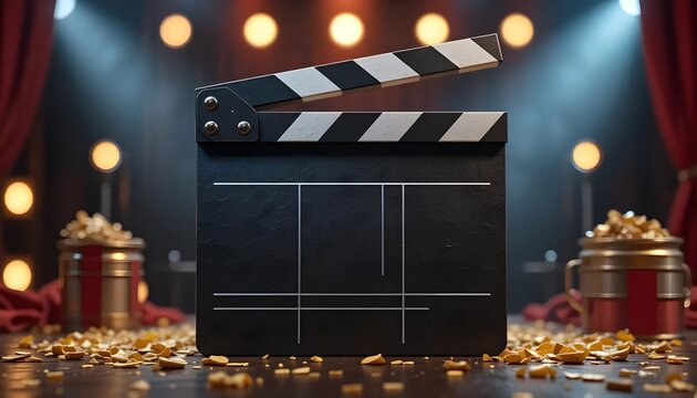 Movie Clapperboard on Dark Wooden Surface with Popcorn and Gold Confetti