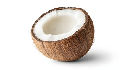 Freshly Sliced Coconut Halved Showing White Flesh and Brown Husk Isolated on White Background