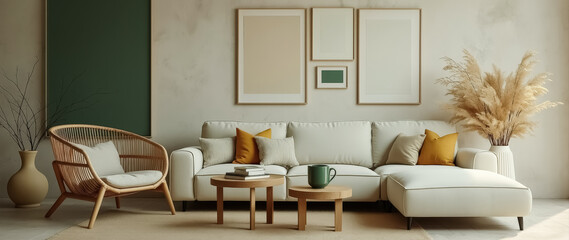 serene living room interior with beige sofa rattan armchair and wooden side tables
